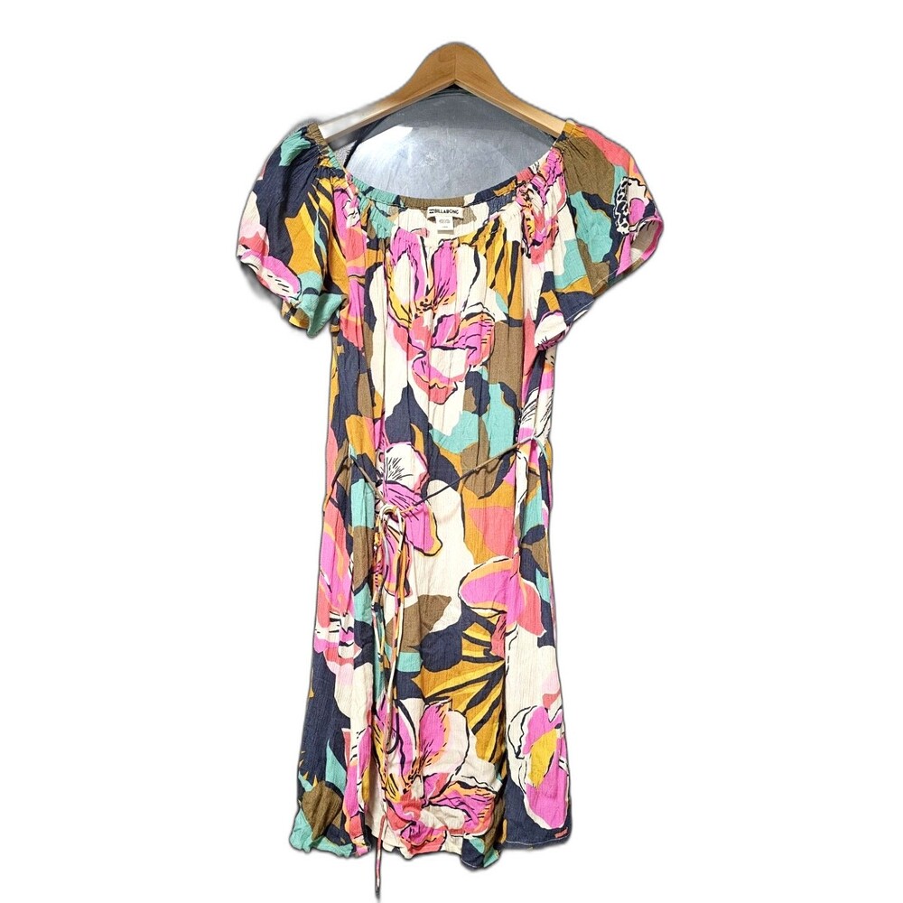Billabong Floral Multicolor Off Shoulder Drawstring Sundress Short Sleeve L